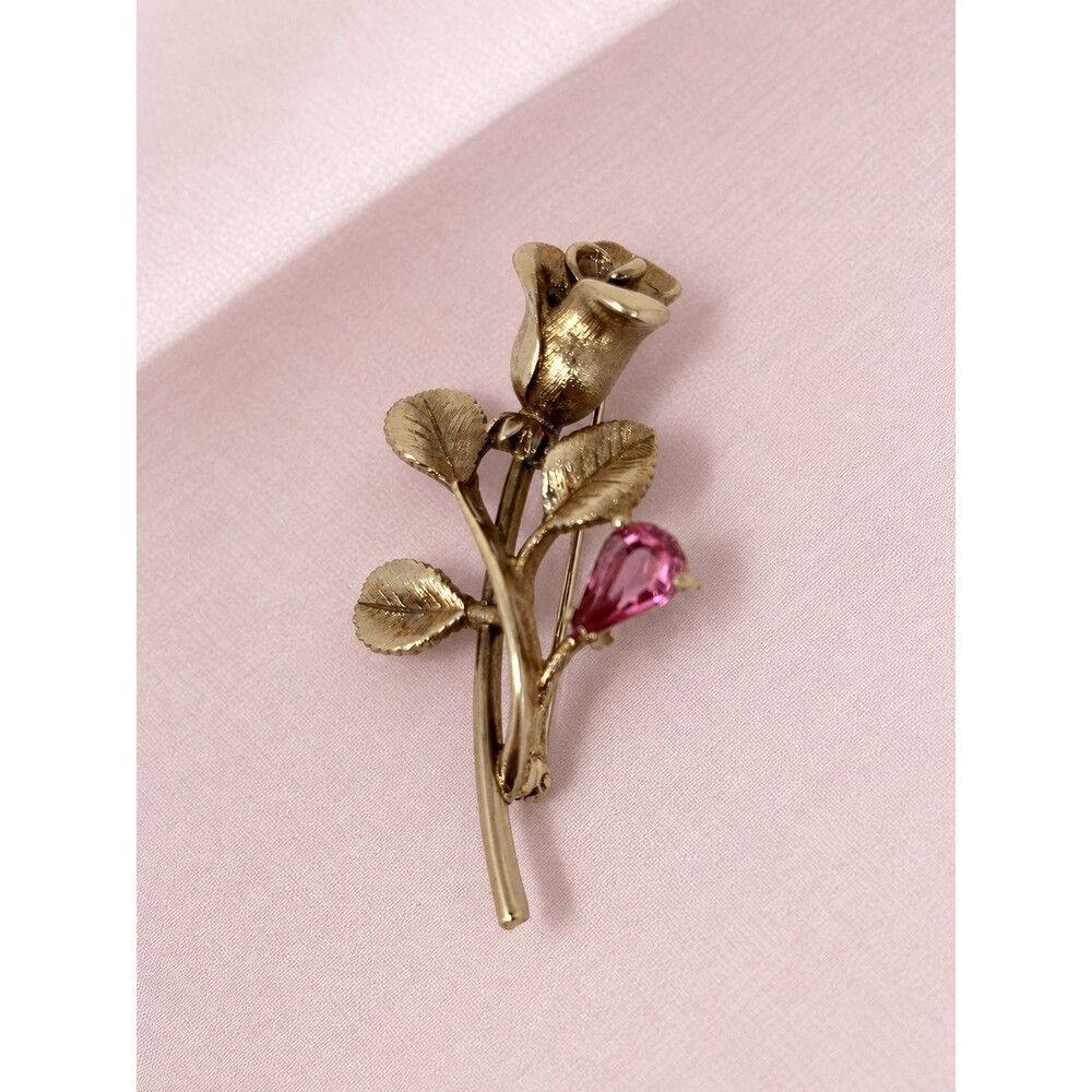 Vintage Avon Gilded Rose Pin Brooch Pink Teardrop Rhinestone Gold-tone